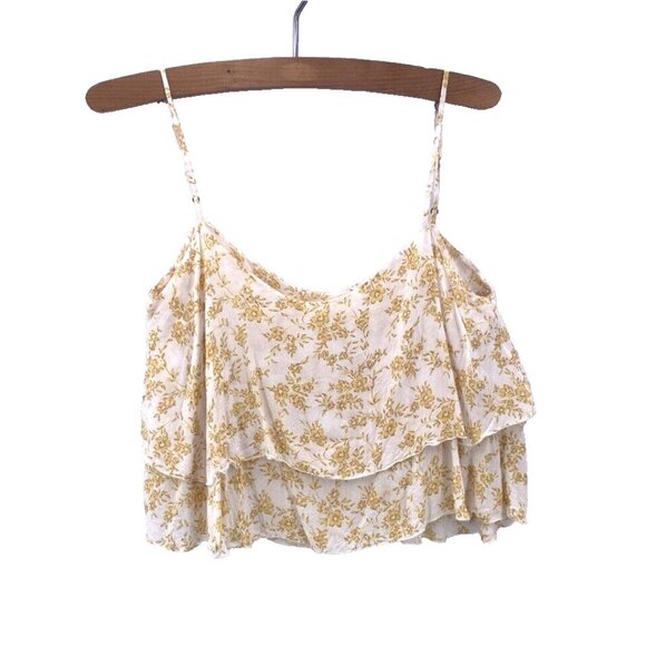 Indah Top S Yellow Floral Print Crop Ruffle Cotton Tank Flowy Boho Fairycore - Picture 3 of 8